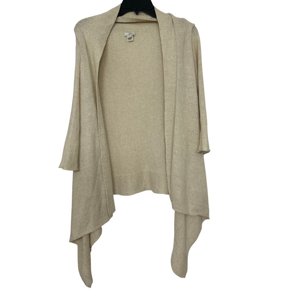 J Jill Tan Linen Cotton Asymmetrical Open Front Cardigan Sweater M Cottage Boho